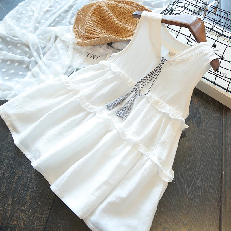 Baby Girl Sleeveless Vest Dress Children Summer Cotton Linen Cake Kids Vintage Loose Tassel Design Dresses for Casual | Детская одежда
