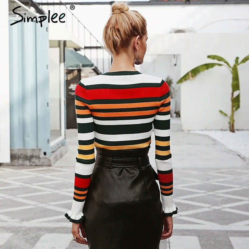 Женский розовый свитер Simplee с круглым вырезом полосатый пуловер длинными