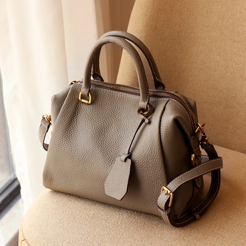 

WOONAM Women Fashion Top Grain Genuine Calf Leather Medium Boston Handbag Top Handle Shoulder Bag WB600