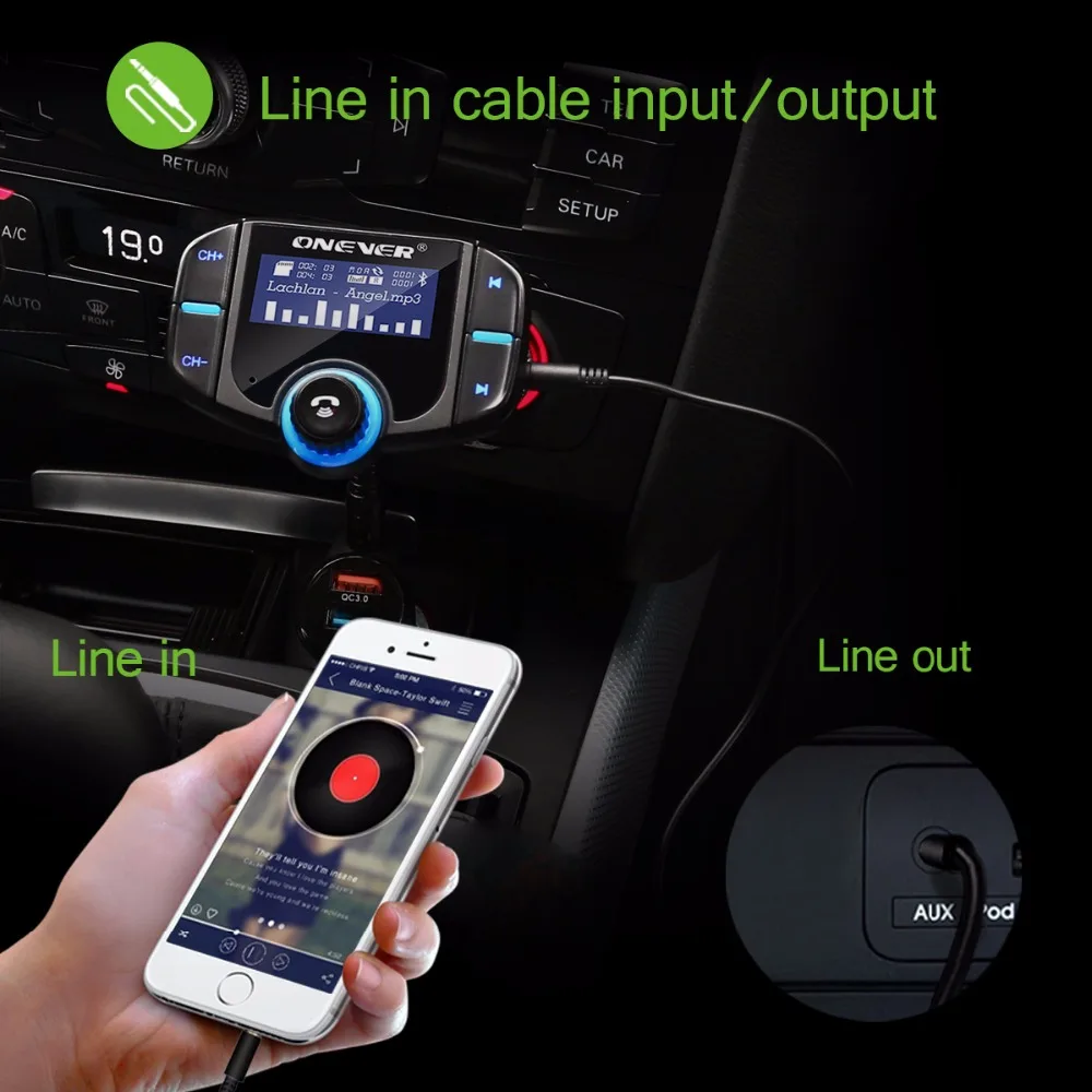 ONEVER FM передатчик Bluetooth Car Kit Hands Free 2 порта USB быстрое зарядное устройство 1.65