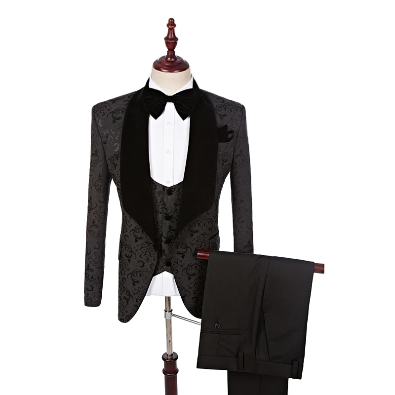 Черный Жаккардовый мужской пиджак костюм из 3 предметов черные бархатные