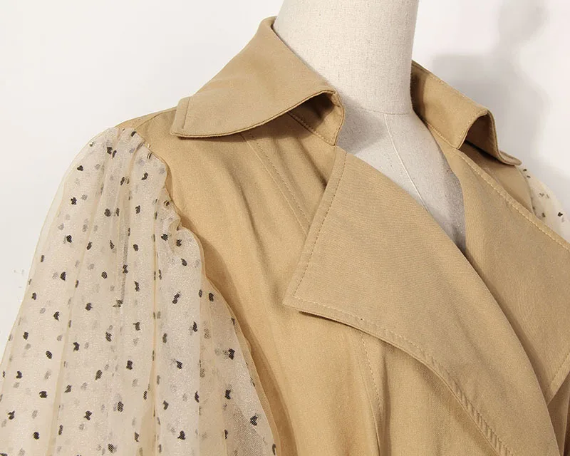 2019 Autumn Winter High Quality Polka Dot Mesh Lantern Sleeves Double breasted Khaki Fashion Long Trench Coat for Women Belted | Женская