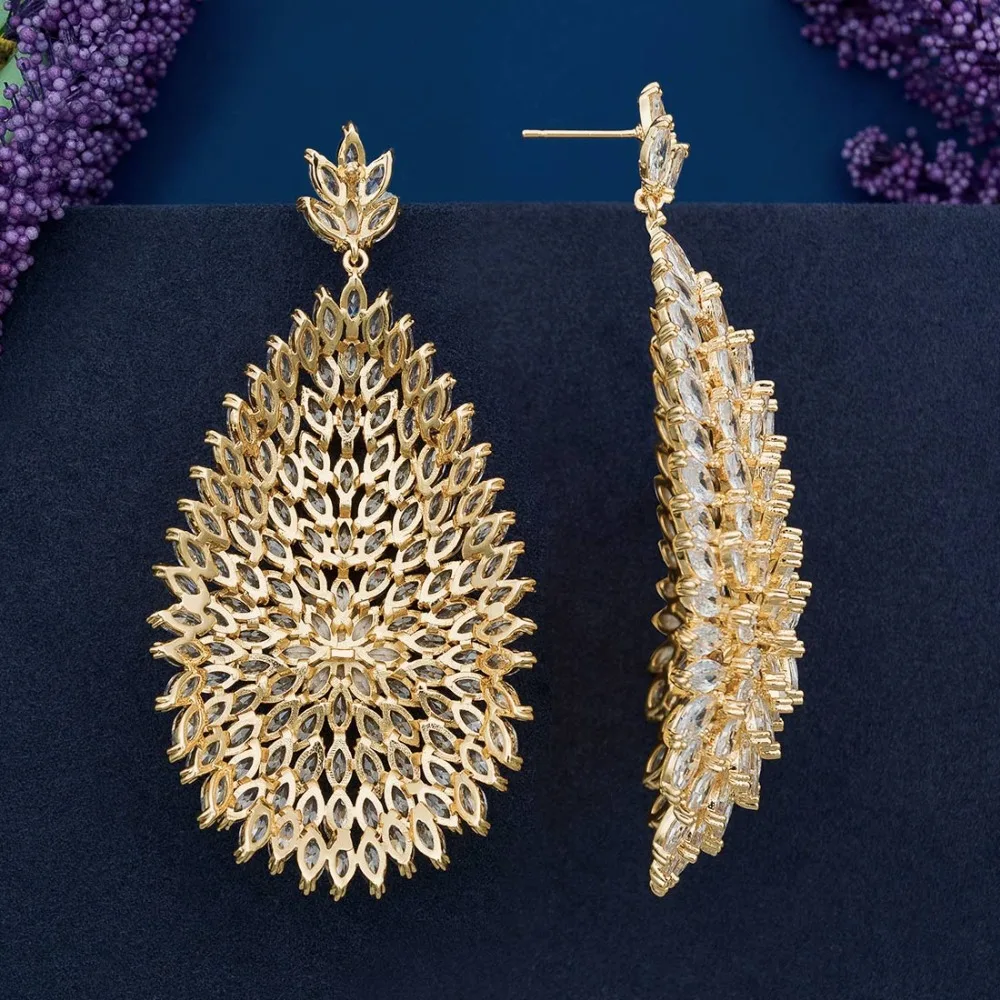 ModemAngel High Quality Cubic Zirconia Stones Jewelry Gold Color Big Blooming CZ Earrings for Women Fashion | Украшения и