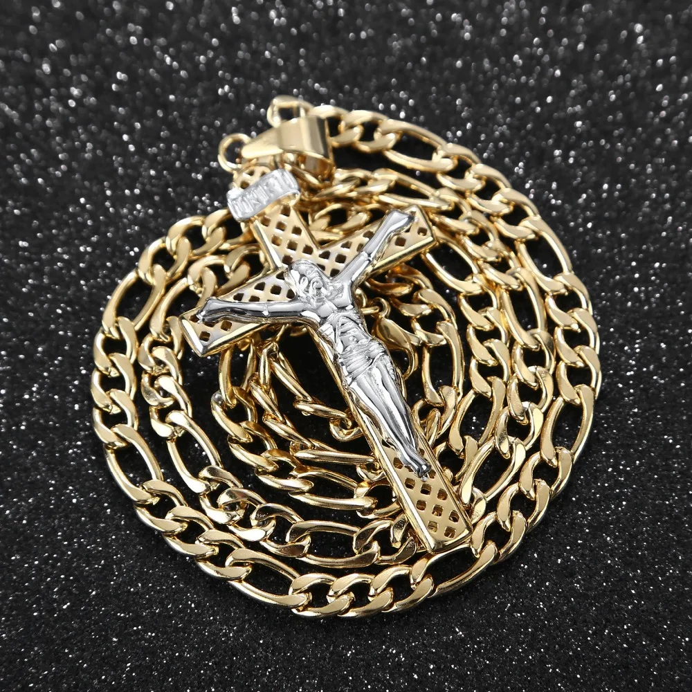 Catholic Jesus Christ on Cross Crucifix Stainless Steel Pendant Necklace 24&quot Curb Chain for Men Women | Украшения и