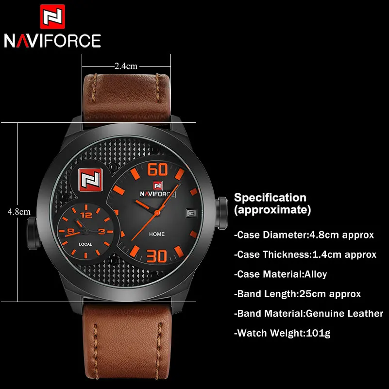 Naviforce Топ Китай бренд Для мужчин спортивные часы Dual Time Повседневные кожаный