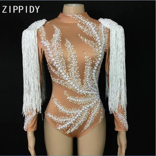 

Fashion Flashing Stones Pearls White Tassel Spandex Bodysuit Female Singer Costume Nightclub Party Show Women's Dancer Oufit