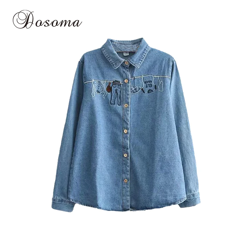 Для женщин Джинсовые рубашки 2017 Женский Blusas милый мультфильм вышитые рубашка