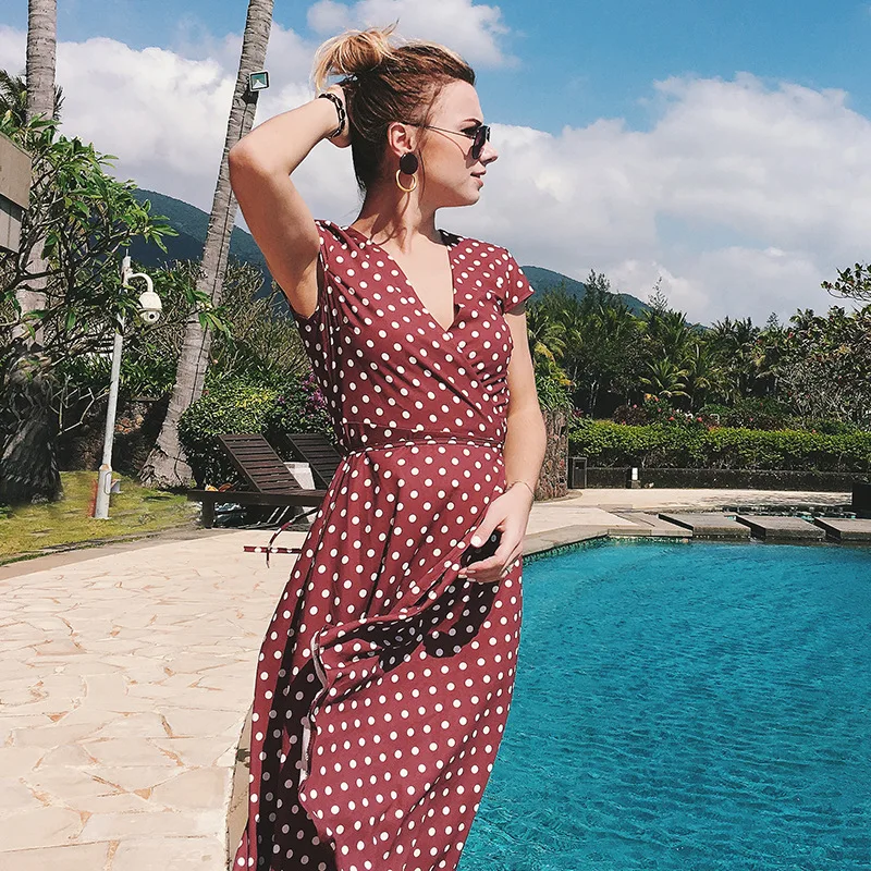 Женское длинное платье в горошек свободное винтажное пляжное макси стиле бохо с