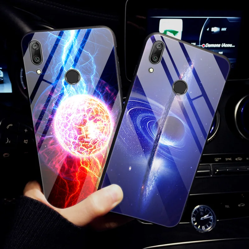 Чехол Y7 2019 для Huawei чехол из закаленного стекла с планетами и космосом стеклянный
