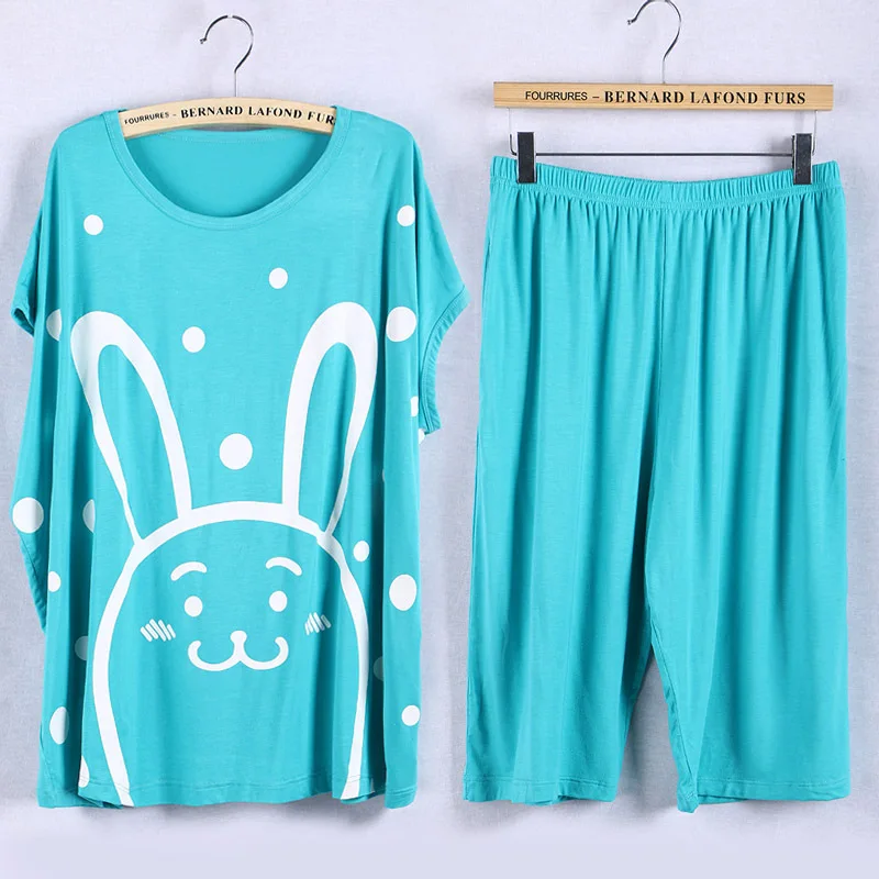 Light Blue Set Пижамные комплекты размера плюс, 5XL, Милая женская летняя Пижама с мультипликационным принтом, мягкая Пижама, домашняя пижама - Цвет: Light Blue Set