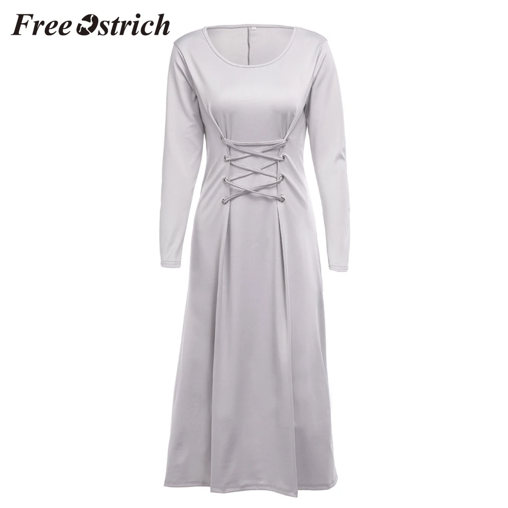 Женское облегающее платье с круглым вырезом и длинными рукавами на шнуровке