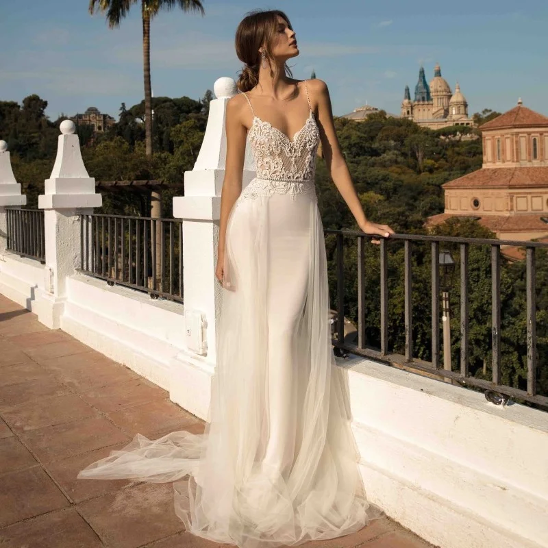 Пляжное свадебное платье на бретелях-спагетти 2019 сексуальное кружевное с