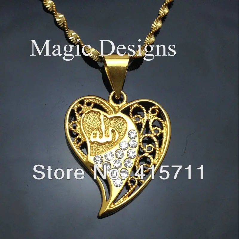 

YH-AN12 5pcs/lot Islam Jeweley 24k Gold Color Clear Rhinestone Heart Allah Pendant Chain Muslim Necklace