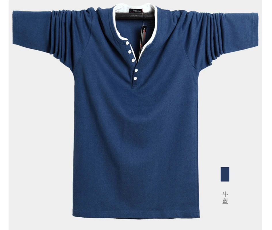 NAVY BLUE men t-shirt 8XL long sleeve large size big autumn winter underwear t shirts cotton 6XL 7XL navy blue t-shirts v-neck black 130KG - Цвет: NAVY BLUE