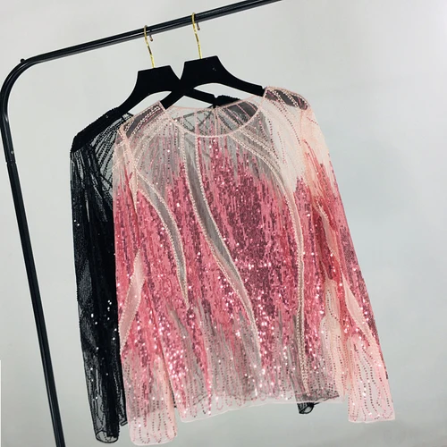 Pink Женская сексуальная сетка Nailing Бисероплетение рубашка Женская блестка полый прямой длинный рукав блузка женская пуловерные костюмы - Цвет: Pink