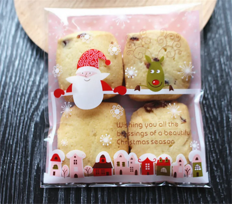 

100Pcs Xmas Gift Plastic Bags Cookie Packaging Christmas Santa Claus Reindeer Printed Snacks Candy Storage Bags 10*10cm