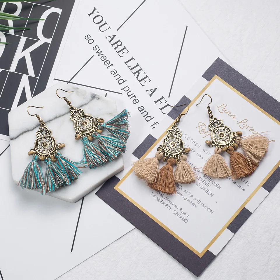QIANKE Bohemian Big Fabric Tassel Drop Earrings for Women Boho Retro Bead Statement Dangle Earring Fashion Jewelry Wholesale | Украшения и