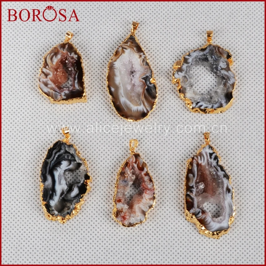 

BOROSA 10PCS Gold Color Natural Onyx Druzy Agates Druzy Geode Slice Pendant Beads Freeform Drusy Pendant for Women Jewelry G0088