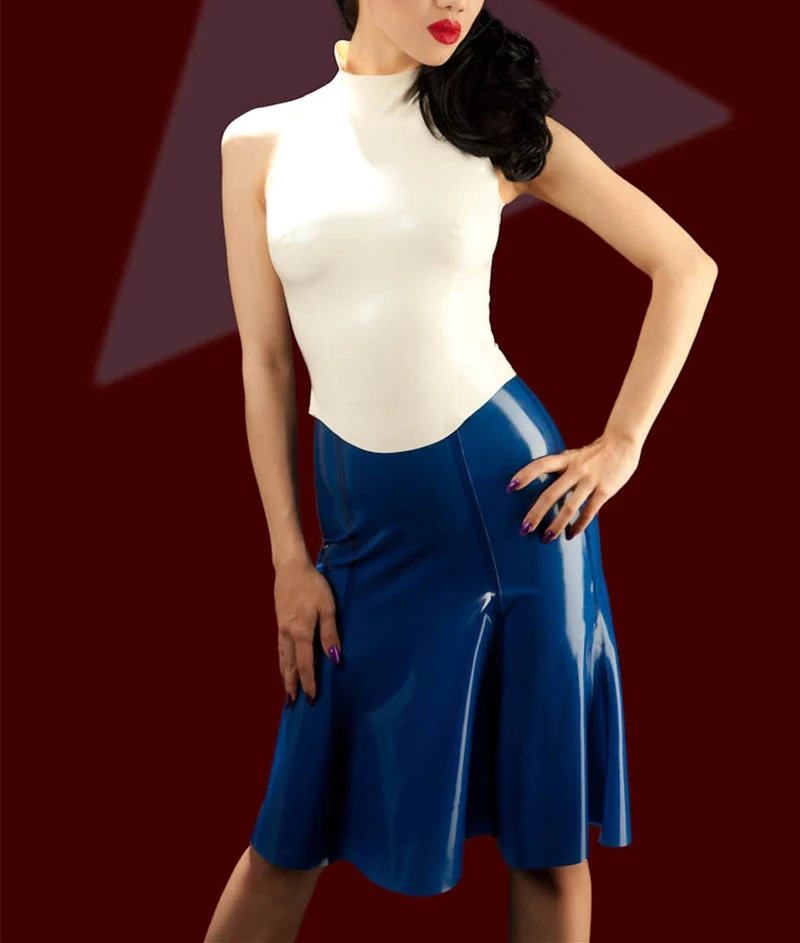 Женский латексный Топ без рукавов с молнией сзади + латексная синяя юбка