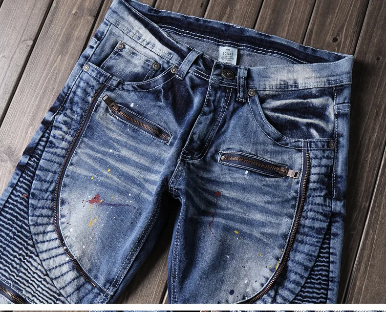 

Men Locomotive Denim Jeans Men Skinny Pleated Long Jeans High Quality New Fashion Men Patchwork Zipper Jean Pants Size 38
