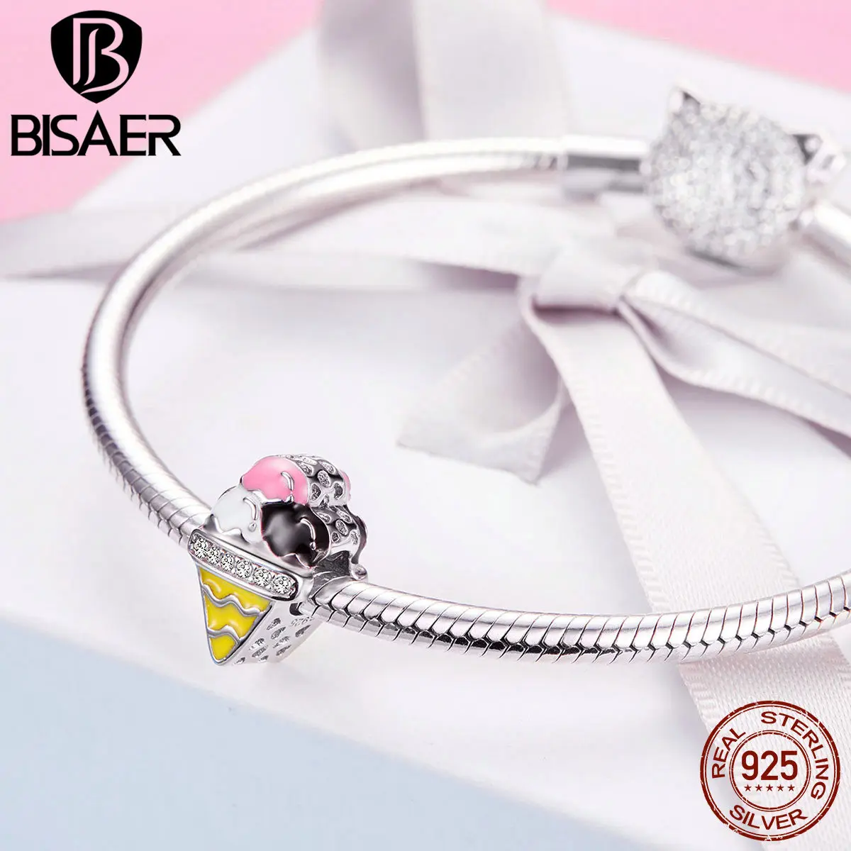 BISAER Горячая 925 пробы Серебряные Красочные ледяные бусинки пирожное с кремом Подвески подходит браслет ожерелье Серебро DIY 925 ювелирные изделия ECC1129