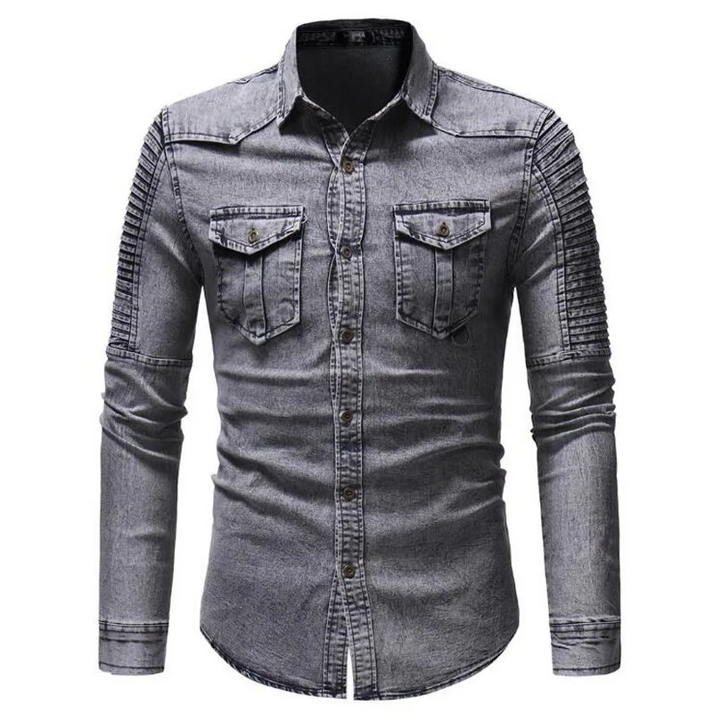 VXO Men Denim Shirts Full Sleeve Cowboy Shirt Pleated Stitching Sleeves Denim Shirt Fit Slim Personality Pocket Jean Outwear