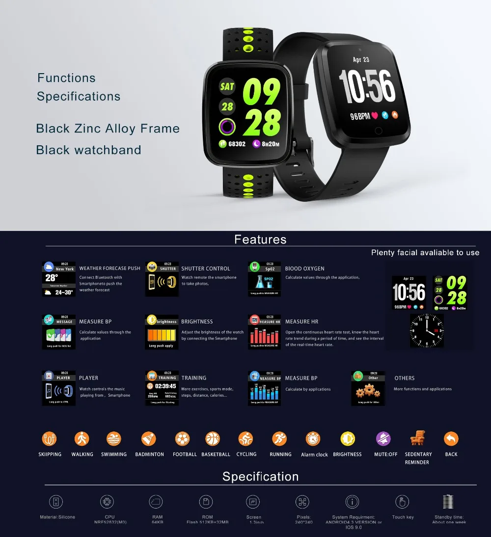 Kinyo KYP-001 Smart Watch High Definition Big screen Bluetooth 4.0 Heart Rate Monitoring Smart Band Wristband pk mi band3