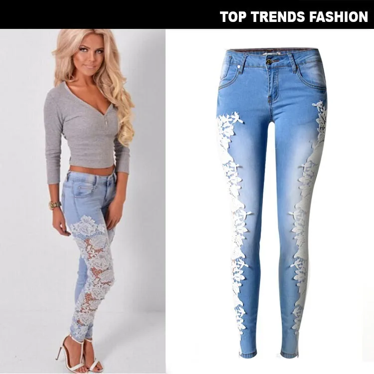 

New American Wind European Station Women s Side Lace Wire Hollow Jeans Short legged Trousers and Thin legged Trousers