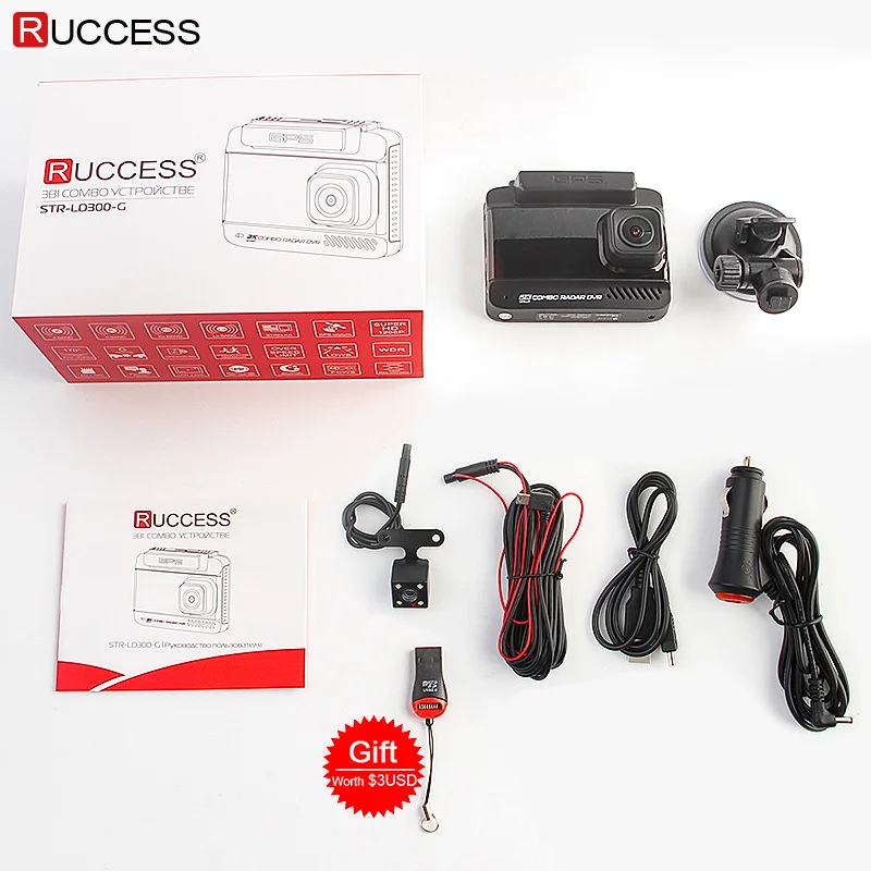 Ruccess Автомобильный видеорегистратор 3 в 1 dvr Радар детектор gps Full HD 1080P Две камеры Авто видео рекордер 1296P русский ночное видение WDR ADAS