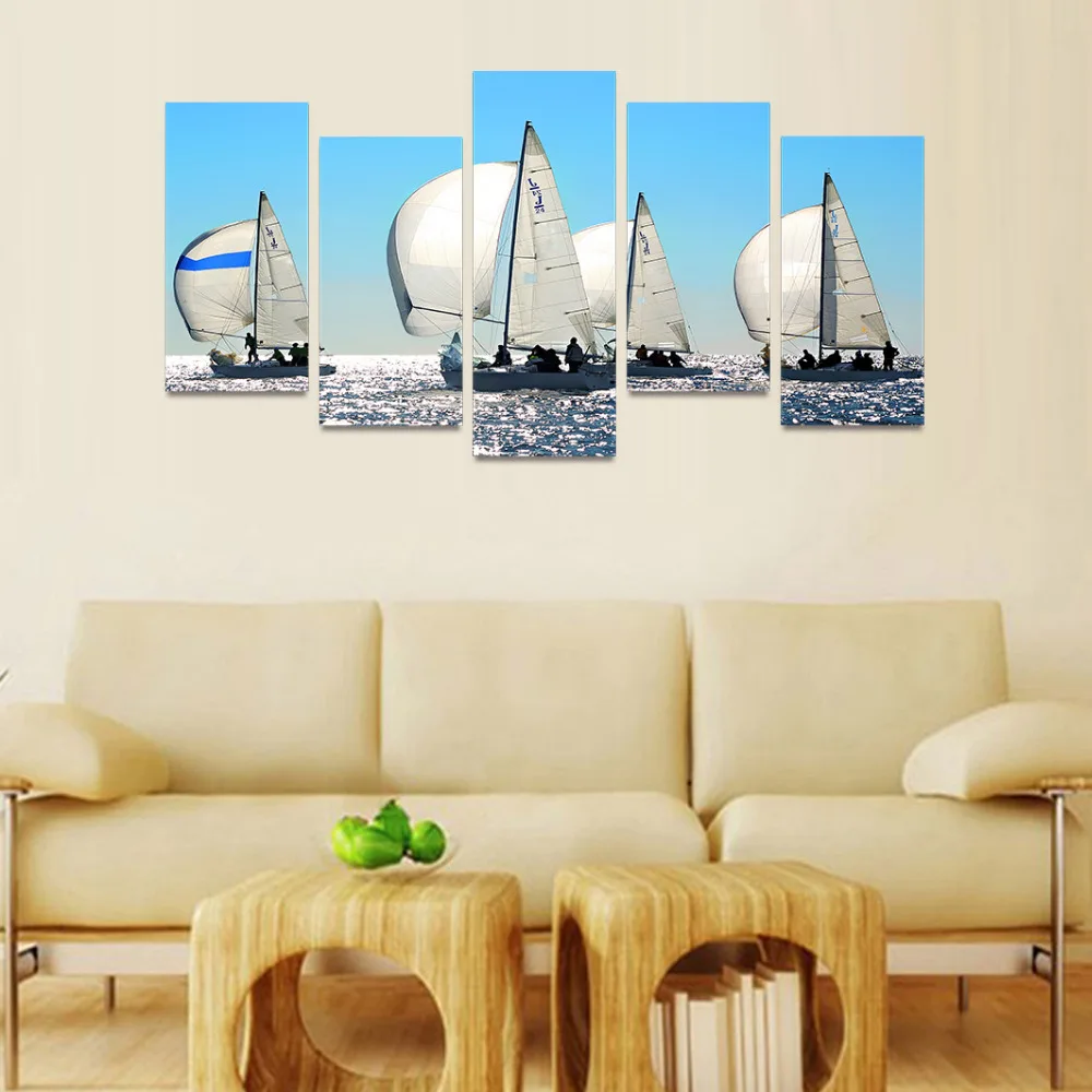 5 Panels Canvas Print White Sail boat on Ocean Painting Wall Art Picture Home Decoration SEA01417 |