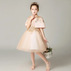 Кружевное платье принцессы цвета шампанского для дня рождения, свадьвечерние, бальное платье с бисером и аппликацией, элегантное официальное платье для первого причастия