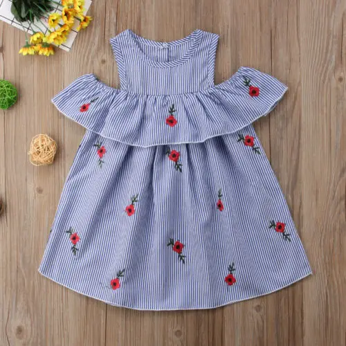 Kids Baby Girls Dress Flower Striped Ruffles Short Sleeve Party Sundress Size 3-7T | Детская одежда и обувь