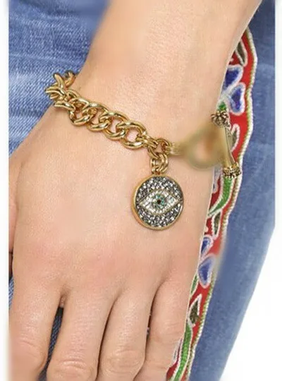 BRS005 Gold Lucky Rhinestone Fatima Hand Chain Bracelet Hamsa Blue Evil Eye Charm Crystal BangleHot Jewelry Bijoux Pulsera Mujer | Украшения