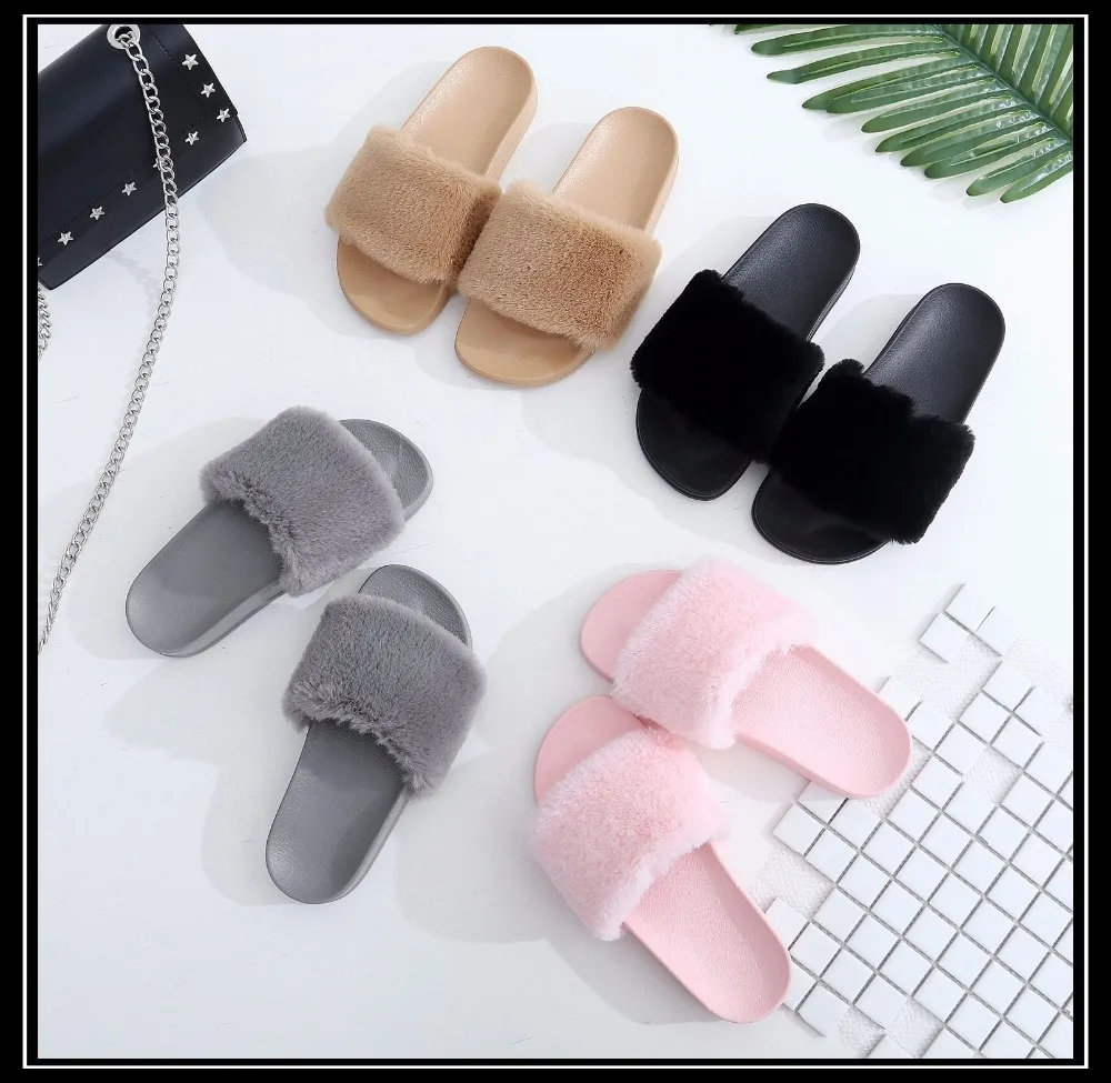 lisse women shoes plataformas mujer verano Plush slippers faux fur Slides flip flops Flat Shoes Beach sandals 36-40 |