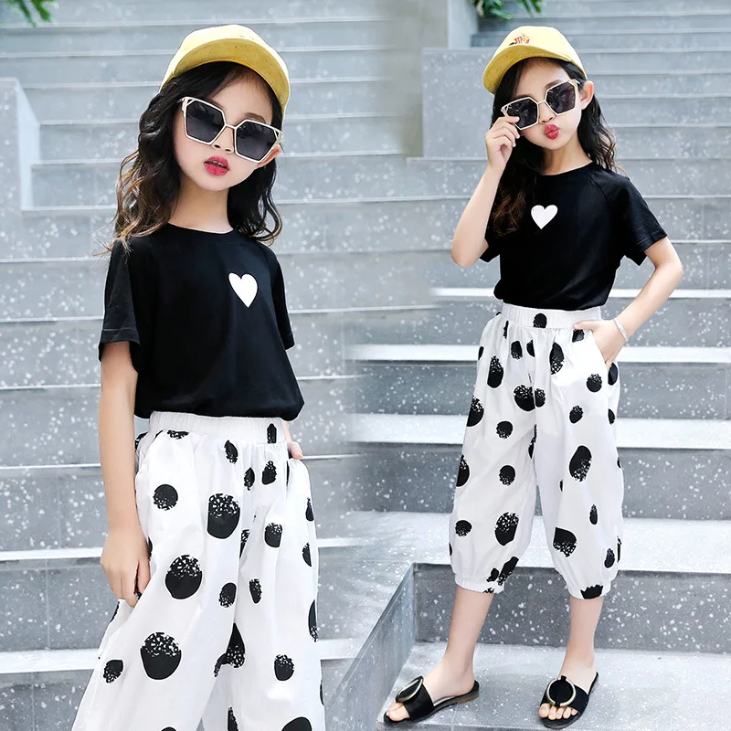 Летний комплект одежды для девочек подростков модная короткая футболка штаны в