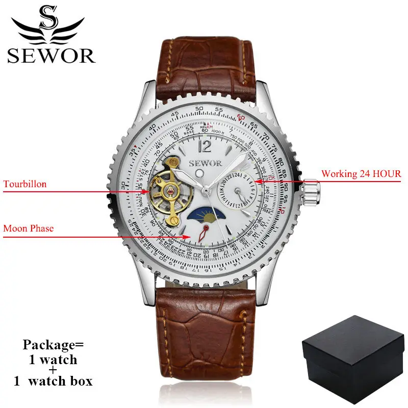 brown leather SEWOR, механические, автоматические, заводные, оригинальные часы, кожа, нержавеющая сталь, Tourbillon, лунная фаза, наручные часы, мужские с коробкой SWQ45 - Цвет: brown leather