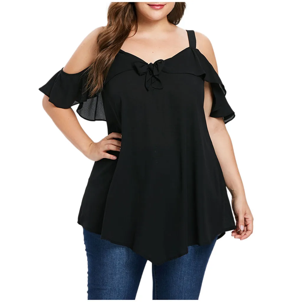 

Women Large Size Cold Shoulder Bow Asymmetric Chiffon Ruffled Top Shirt Off-the-shoulder Solid Color Shirt Hot Moda Mujer