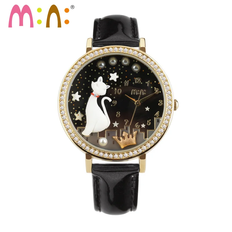 Часы женские кварцевые ручной работы водонепроницаемые Модные с 3D рисунком кота