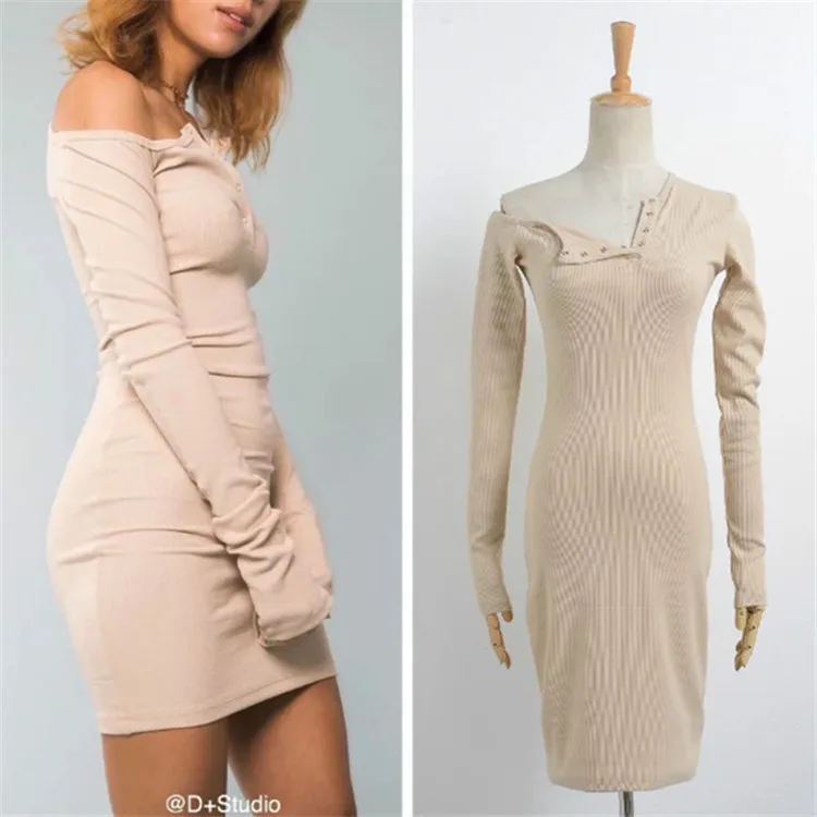 Облегающее с открытым плечом сексуальное платье для женщин длинным рукавом