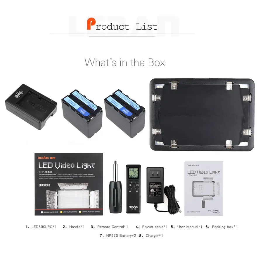 Godox led500lrc 3300-5600 К 500 светодиодный свет лампы+ пульт дистанционного управления для видеокамера Камера+ np970 Батарея(6600 мАч)+ Зарядное устройство