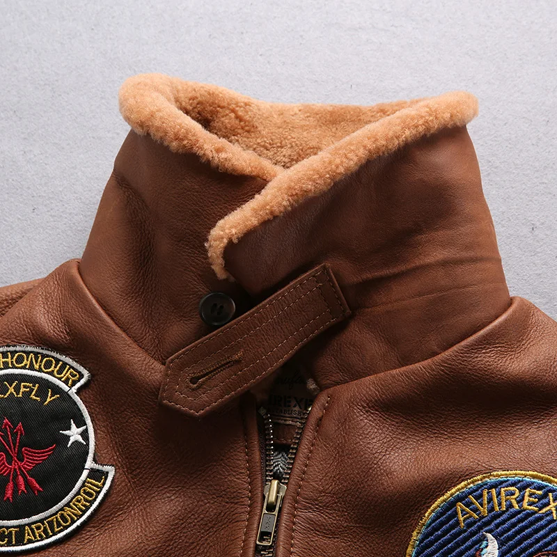 New Men Air Force Flight Coat Fashion Fur Collar Soft Sheepskin Motorcycle Jacket Real Bomber Jackets Winter Russia Coats
