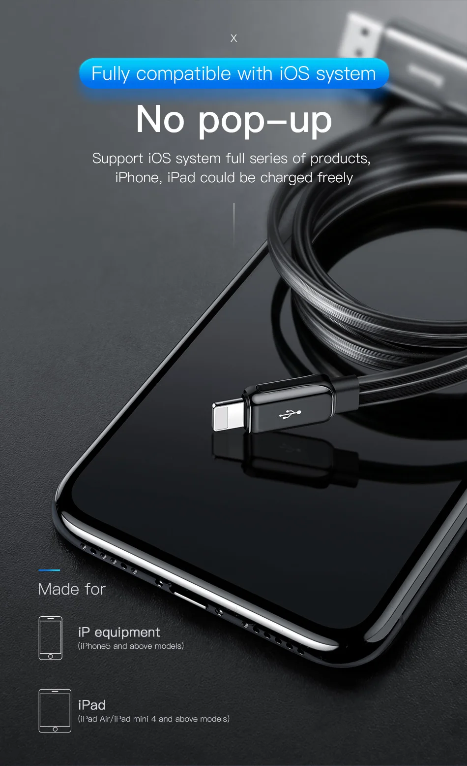 Светодиодный светящийся usb-кабель Baseus для iPhone Xs X 8 7 6, плоский струящийся кабель A для синхронизации данных, кабель для быстрой зарядки, провод, шнур для iPhone iPad