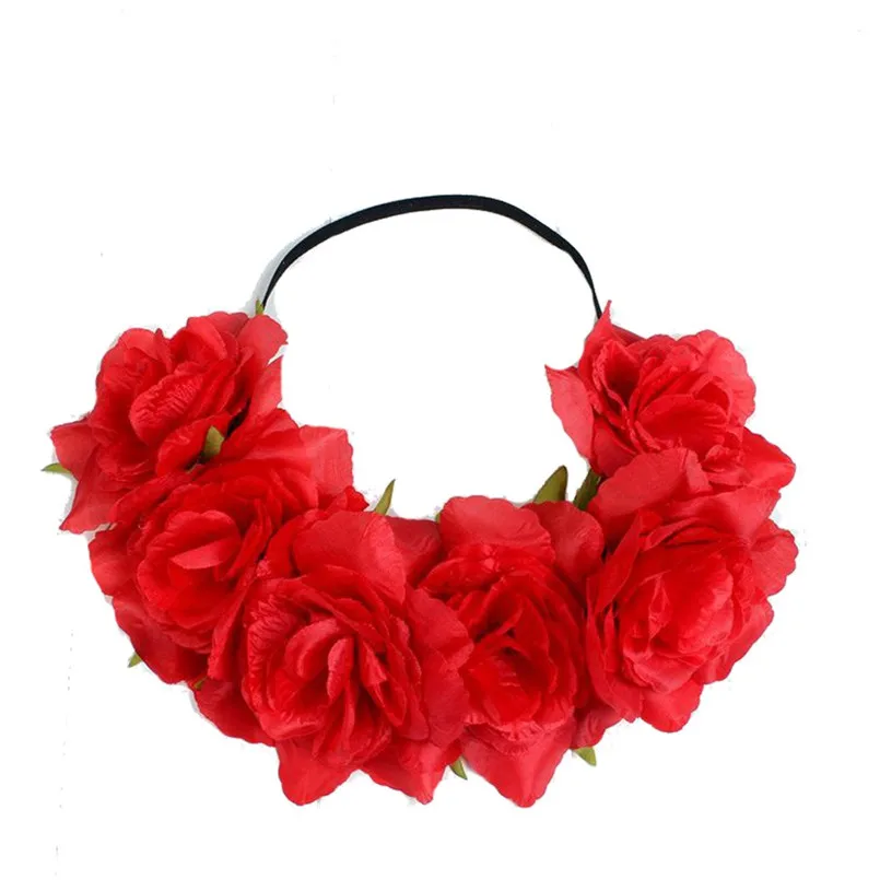 Красный New Large Rose Flower Forehead Hair Headband Hair Crown Summer Festival Garland S1 - Цвет: Красный