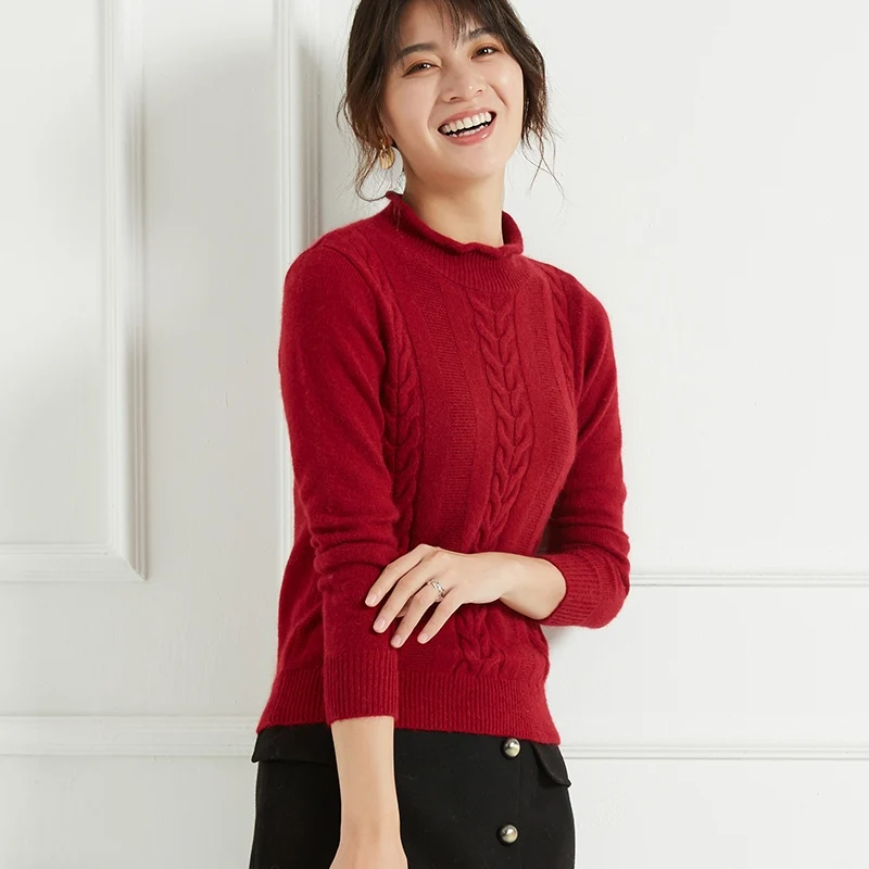 Женский спереди 3 кабеля вязать проката половина платье-водолазка с длинными