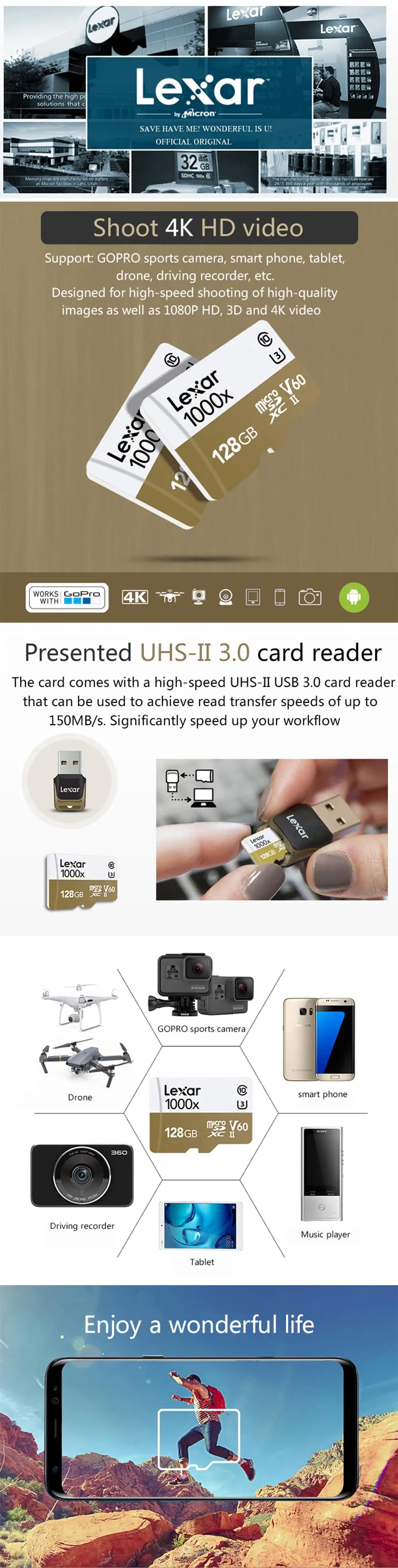 Lexar 1000x Micro SD Class 10 64 ГБ micro SDXC до 150 МБ/с. флеш-карты памяти tf читатель Ультра высокоскоростной герметик для беспилотная спортивная видеокамера