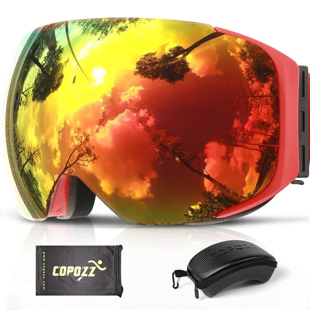 Red and box COPOZZ, брендовые лыжные очки, сменные магнитные линзы, UV400, анти-туман, лыжная маска, для катания на лыжах, для мужчин, женщин, для снега, сноуборда, очки, GOG-2181 - Цвет: Red and box