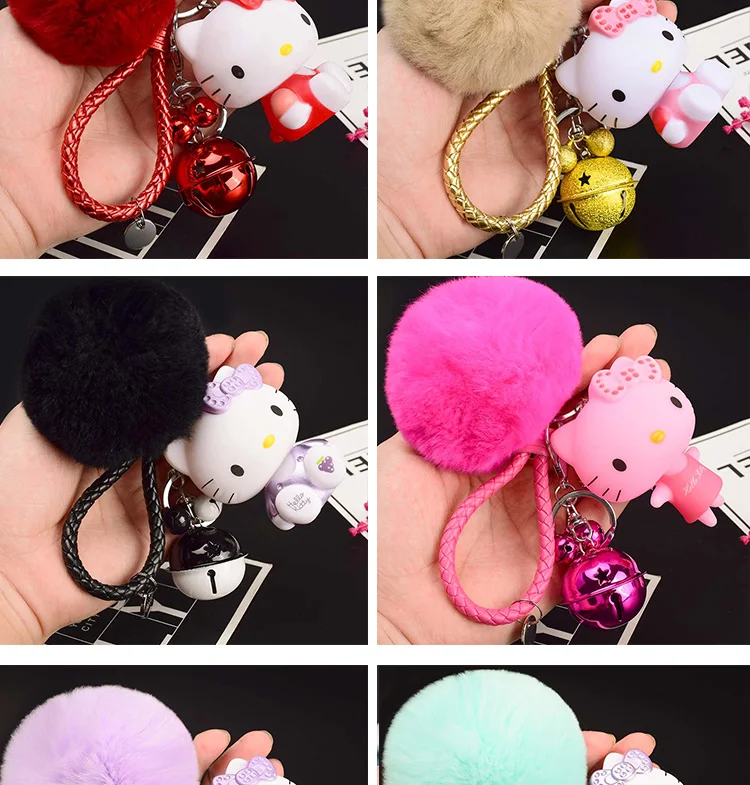 Милый мультфильм рисунок «Hello Kitty» меха кролика мяч помпон Pom подвески-Помпоны ремешок для женщин из металла брелки-цепочки автомобиля сумку очарование D151