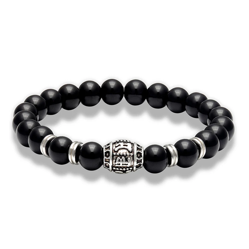 LIVVY Natural Stone Bracelet Men's Jewelry Black Six-word Mantra Beads Elastic Lucky Lady AS894 | Украшения и аксессуары