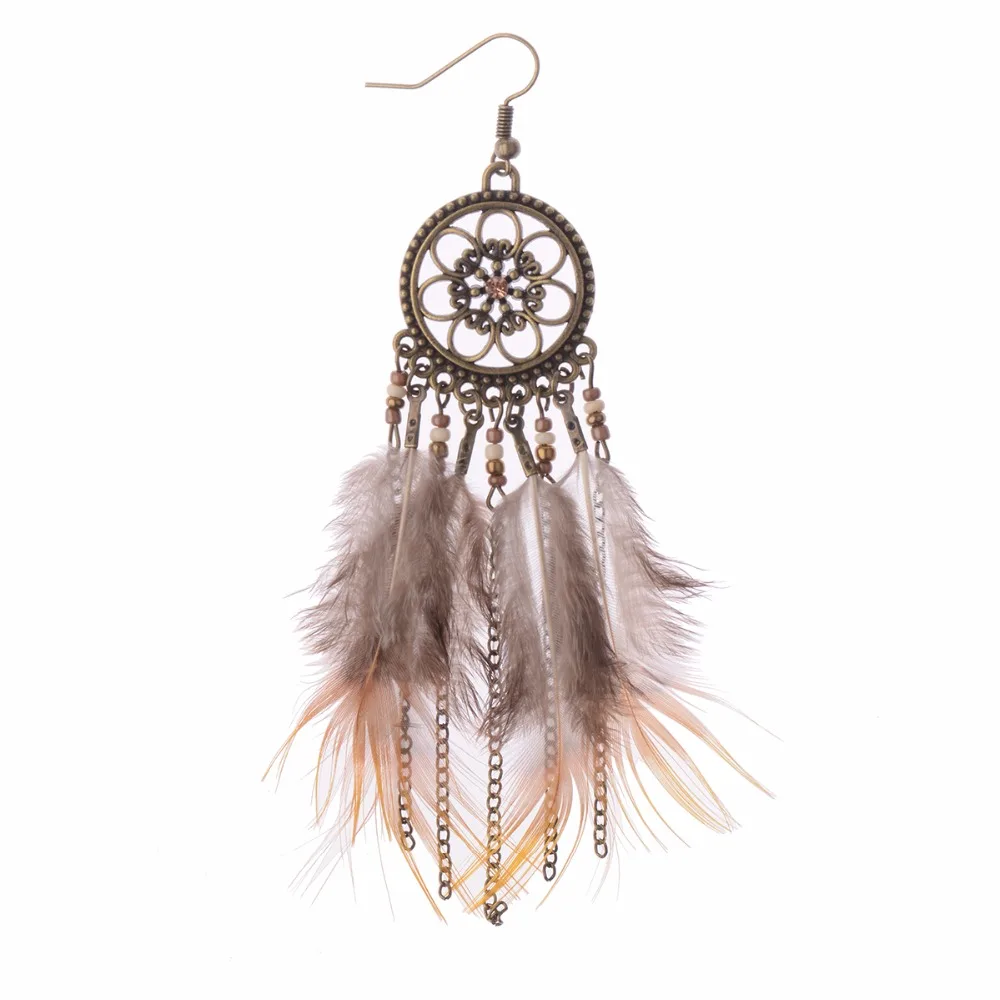 Amader Ловец снов Бронза цепь с перьями кисточки Женские Висячие серьги богемные