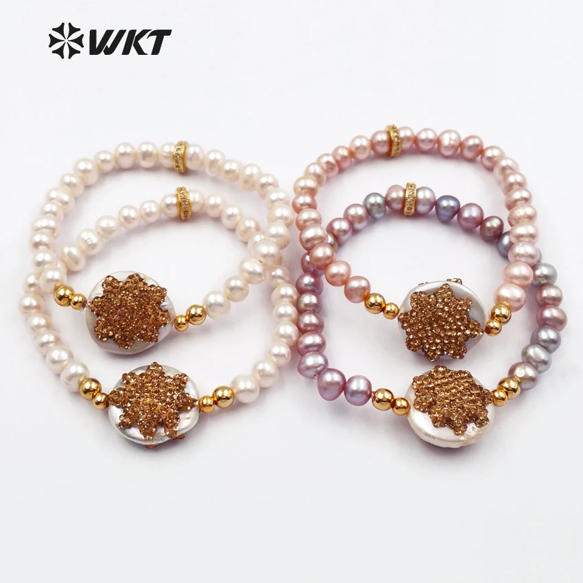 

WT-RB032 WKT New Arrival Fresh style Natural Pearl Beads Bracelets With Flower Shape Pave Beads And Freshwater Bracelets
